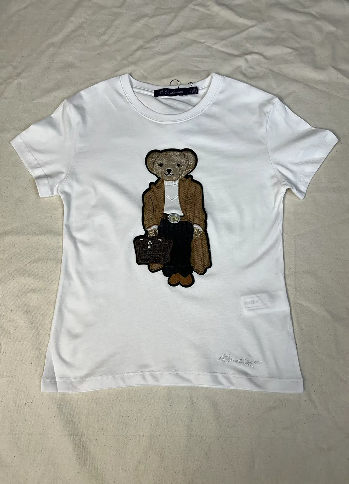 Women’s White Cotton Tee with Embroidered Dressed-Up Bear Graphic, Chic Casual Wear - Image 4