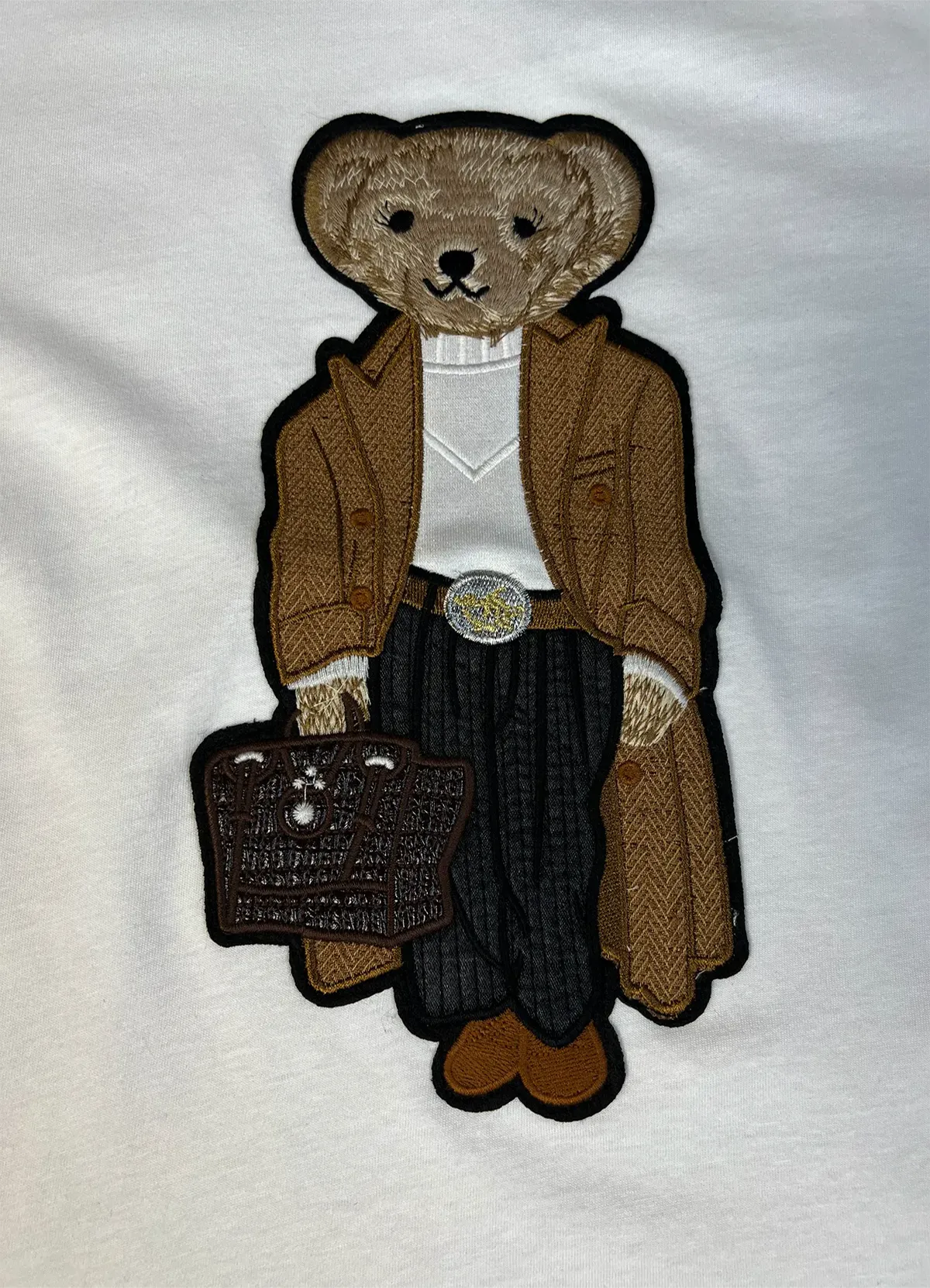 Women’s White Cotton Tee with Embroidered Dressed-Up Bear Graphic, Chic Casual Wear - Image 5