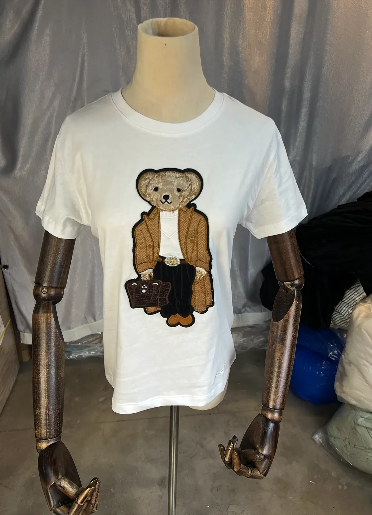 Women’s White Cotton Tee with Embroidered Dressed-Up Bear Graphic, Chic Casual Wear - Image 6