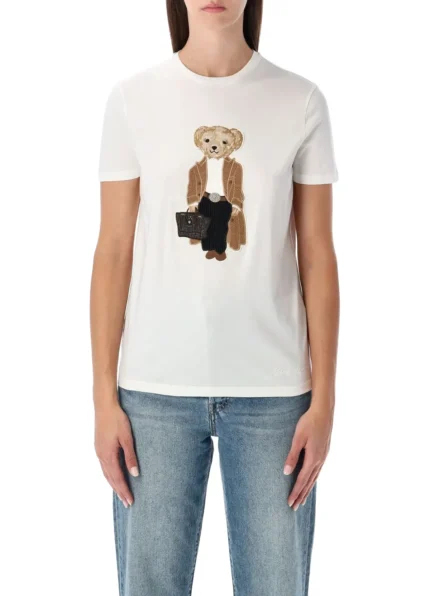 Women’s White Cotton Tee with Embroidered Dressed-Up Bear Graphic, Chic Casual Wear