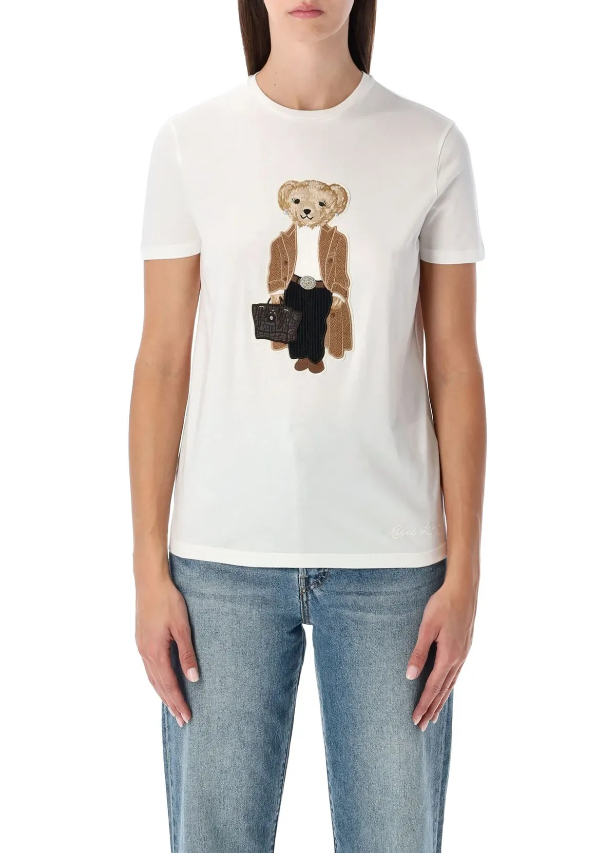 Women’s White Cotton Tee with Embroidered Dressed-Up Bear Graphic, Chic Casual Wear