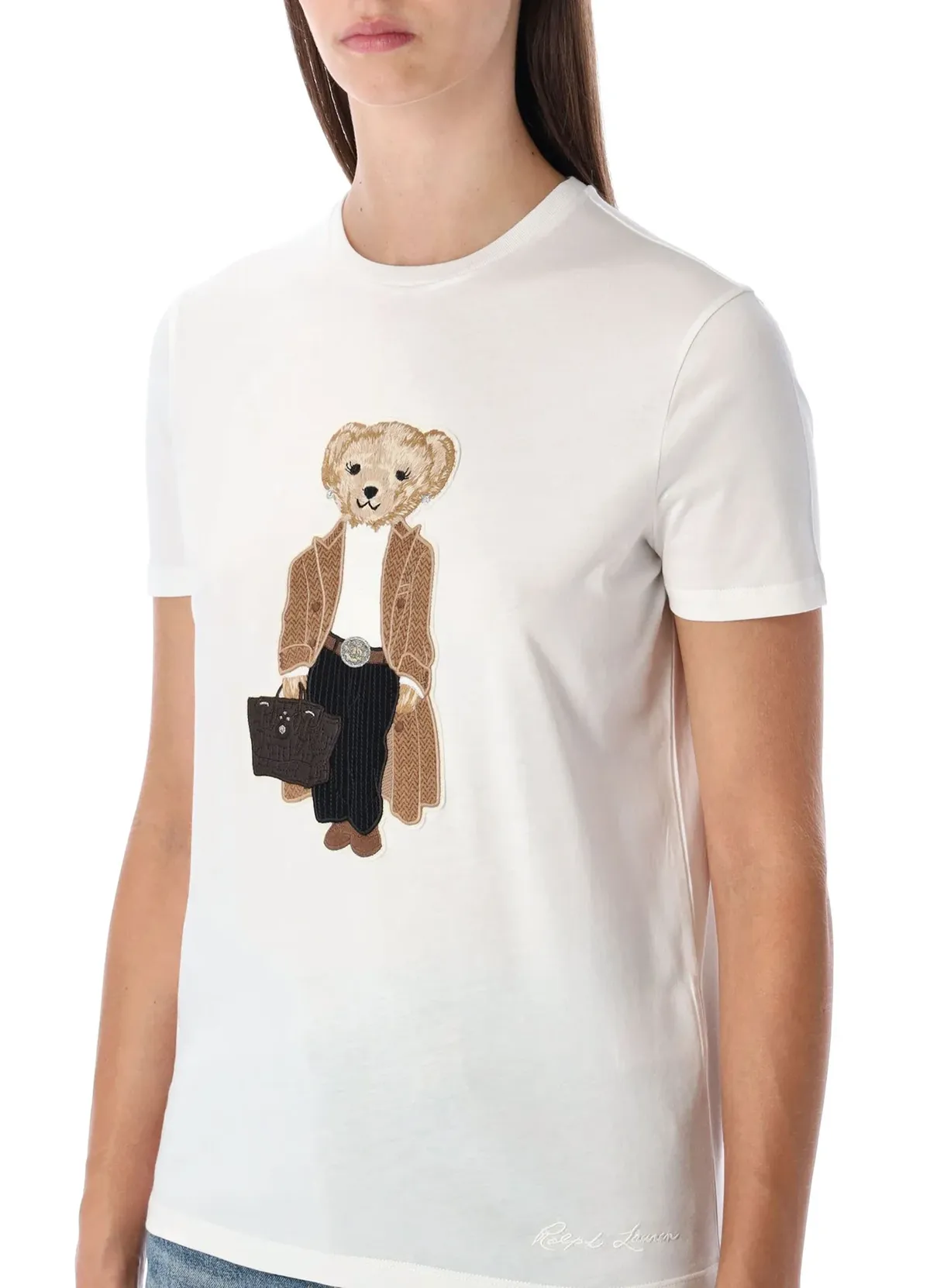 Women’s White Cotton Tee with Embroidered Dressed-Up Bear Graphic, Chic Casual Wear - Image 2