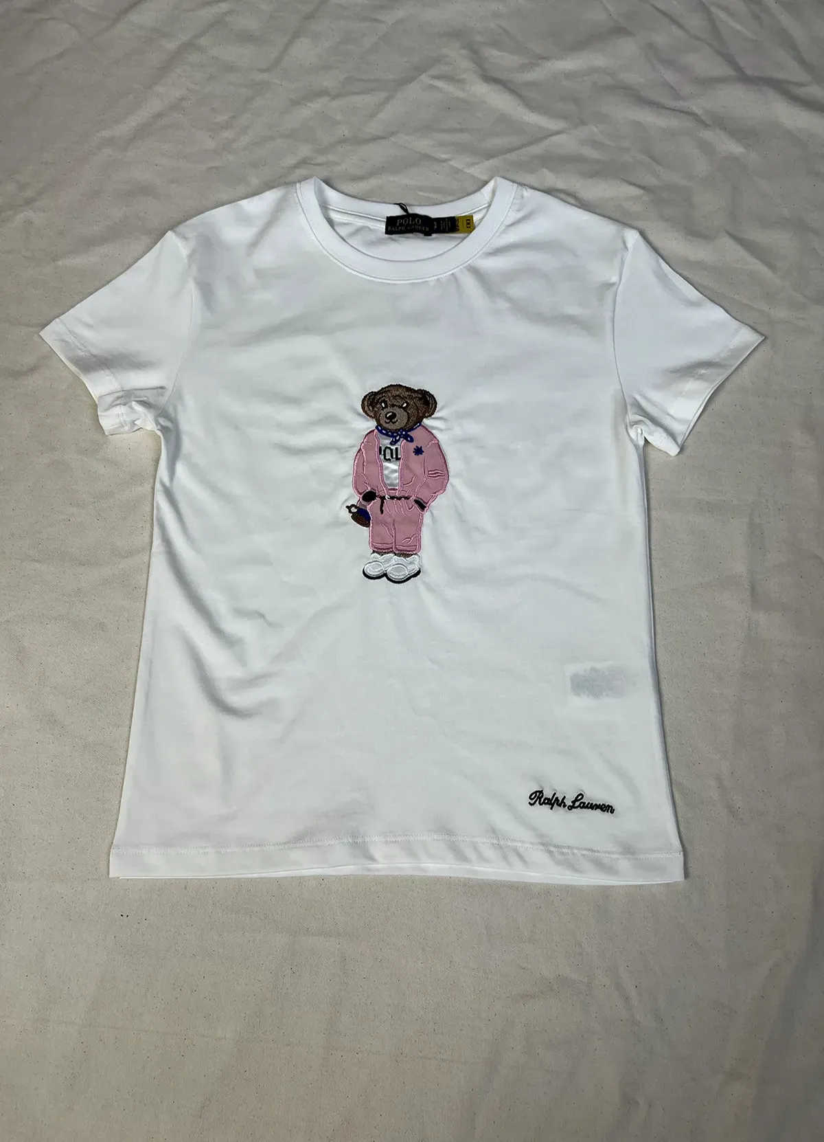 Women’s White Cotton Tee with Pink Tracksuit Polo Bear Graphic by Ralph Lauren - Image 4
