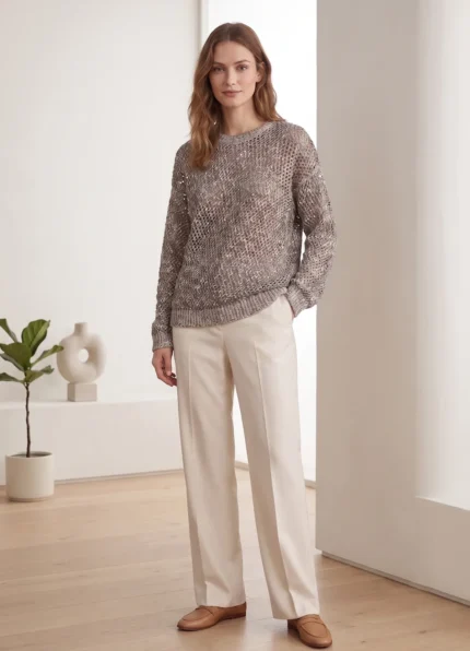 BC Women’s Marled Openwork Crew Neck Knit Sweater Sparkle Sequin Detail