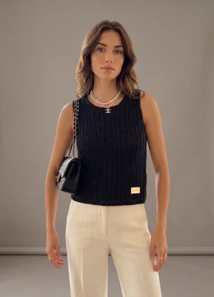 CHANEL Women’s Dark Grey Openwork Knit Crew Neck Sleeveless Vest Square Leather Label