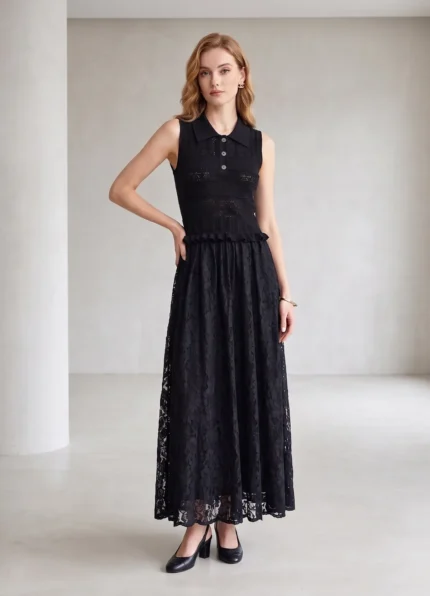 CHANEL Women’s Black Polo Collar Sleeveless Maxi Dress Hollow Knit & Lace Patchwork