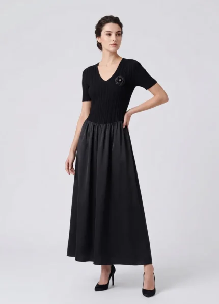 CHANEL Women’s Black V Neck Midi Dress Rib Knit Top & Flared Skirt Camellia Brooch