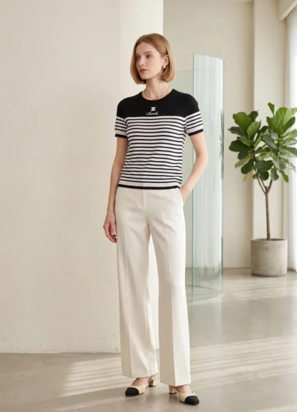 CHANEL Women’s Crew Neck Black White Striped Knit Short Sleeve Top Interlocking CC & Letter Embroidery