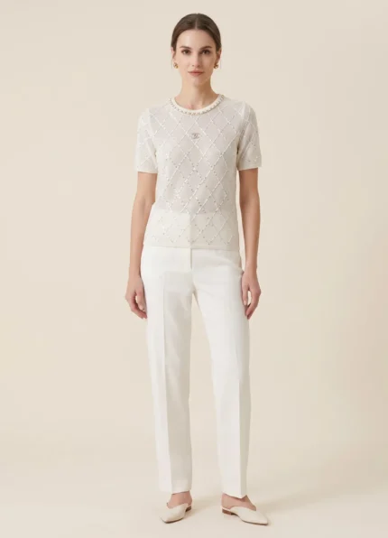 CHANEL Women’s White Diamond Hollow Knit Crew Neck Short Sleeve Top Chain Trim Interlocking CC Embroidery
