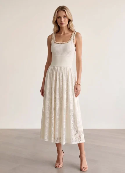 CHANEL Women’s White Square Neck Sleeveless Midi Dress Rib Knit & Lace Patchwork Chain Strap