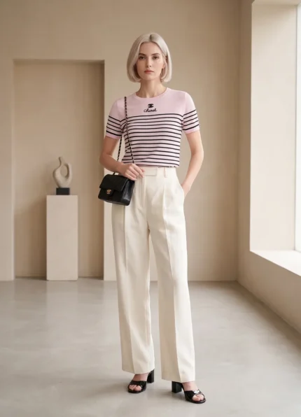 CHANEL Women’s Crew Neck Pink White Striped Knit Short Sleeve Top Interlocking CC & Letter Embroidery