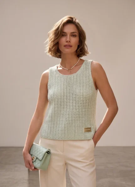CHANEL Women’s Mint Green Openwork Knit Crew Neck Sleeveless Vest Square Metal Label