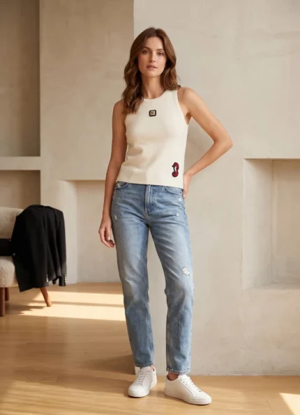 CHANEL Women’s Cream Crew Neck Knit Sleeveless Tank Top Square CC Badge & Seahorse Embroidery