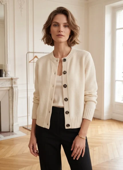 CHANEL Women’s Cream Crew Neck Knit Cardigan with Alphabet Metal Contrast Buttons