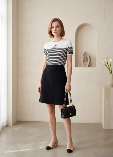 CHANEL Women’s Crew Neck Striped Knit Short Sleeve Top Interlocking CC & Letter Embroidery