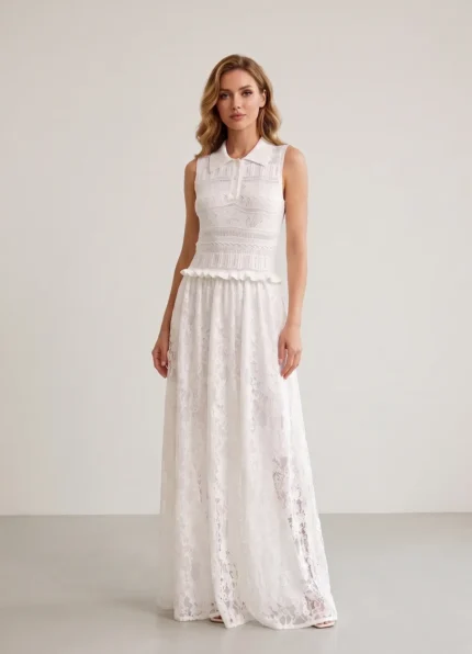 CHANEL Women’s White Polo Collar Sleeveless Maxi Dress Hollow Knit & Lace Patchwork