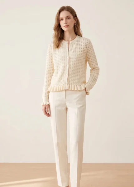 Dior Women’s Cream Openwork Knit Crew Neck Cardigan Ruffled Hem