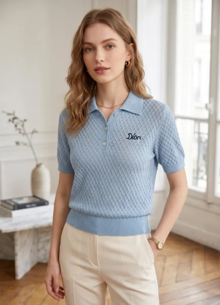 Dior Women’s Light Blue Diamond Hollow Jacquard Polo Collar Letter Embroidery Knit Short Sleeve Top