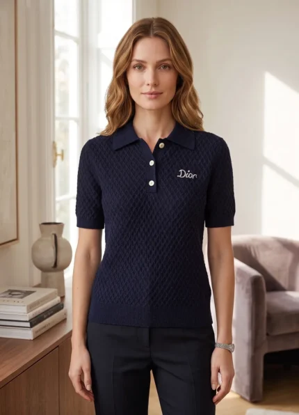 Dior Women’s Navy Diamond Hollow Jacquard Polo Collar Letter Embroidery Knit Short Sleeve Top