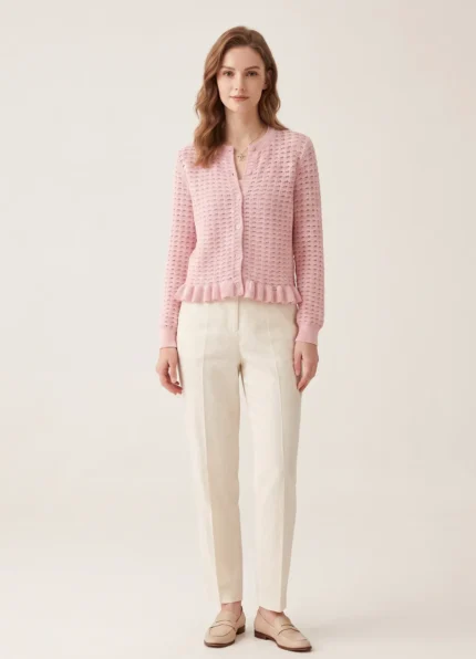 Dior Women’s Pink Openwork Knit Crew Neck Cardigan Ruffled Hem