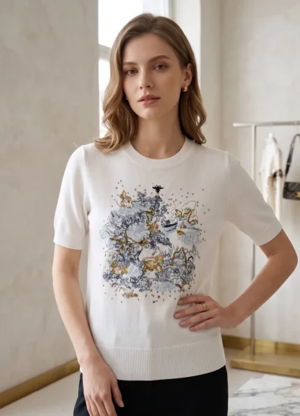 Christian Dior Women’s White Crew Neck Heavy Landscape Bee Embroidery Beaded Knit Short Sleeve Top