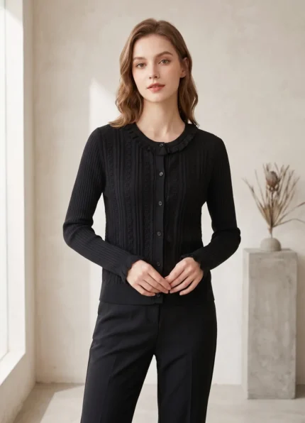 Hermès Women’s Black Silk Cashmere Jacquard Knit Crew Neck Long Sleeve Cardigan Ruffle Trim