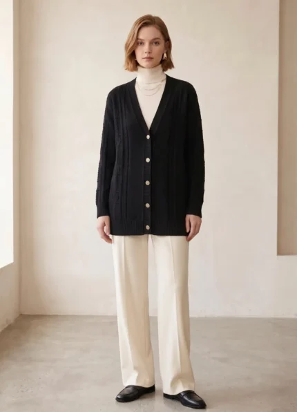 Hermès Ladies V Neck Embossed Jacquard Wool Knit Cardigan Luxury Metal Button Long Sleeve Sweater Outerwear