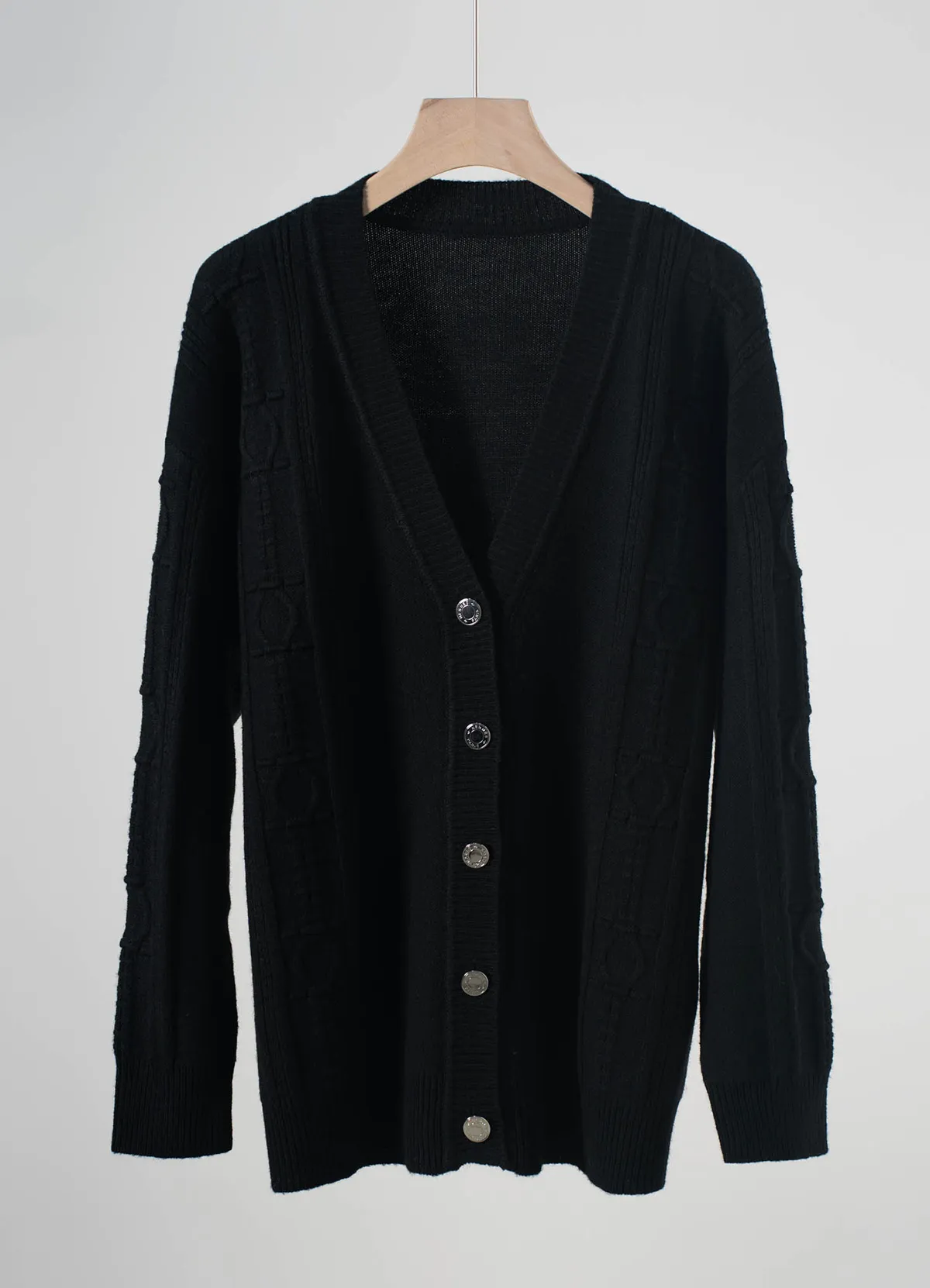 Hermès Ladies V Neck Embossed Jacquard Wool Knit Cardigan Luxury Metal Button Long Sleeve Sweater Outerwear - Image 3