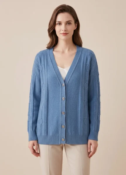 Hermès Ladies V Neck Embossed Jacquard Wool Knit Cardigan Metal Button Sweater Coat
