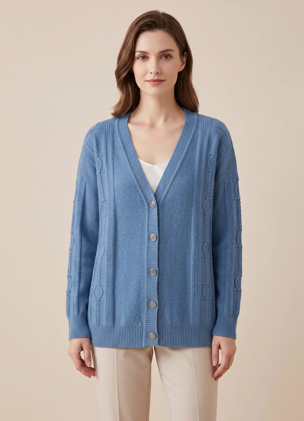 Hermès Ladies V Neck Embossed Jacquard Wool Knit Cardigan Metal Button Sweater Coat