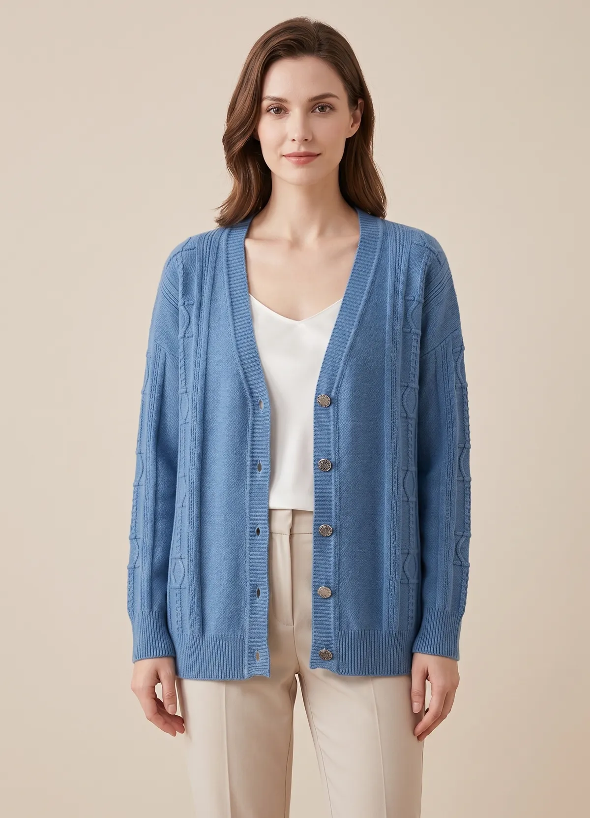 Hermès Ladies V Neck Embossed Jacquard Wool Knit Cardigan Metal Button Sweater Coat - Image 2