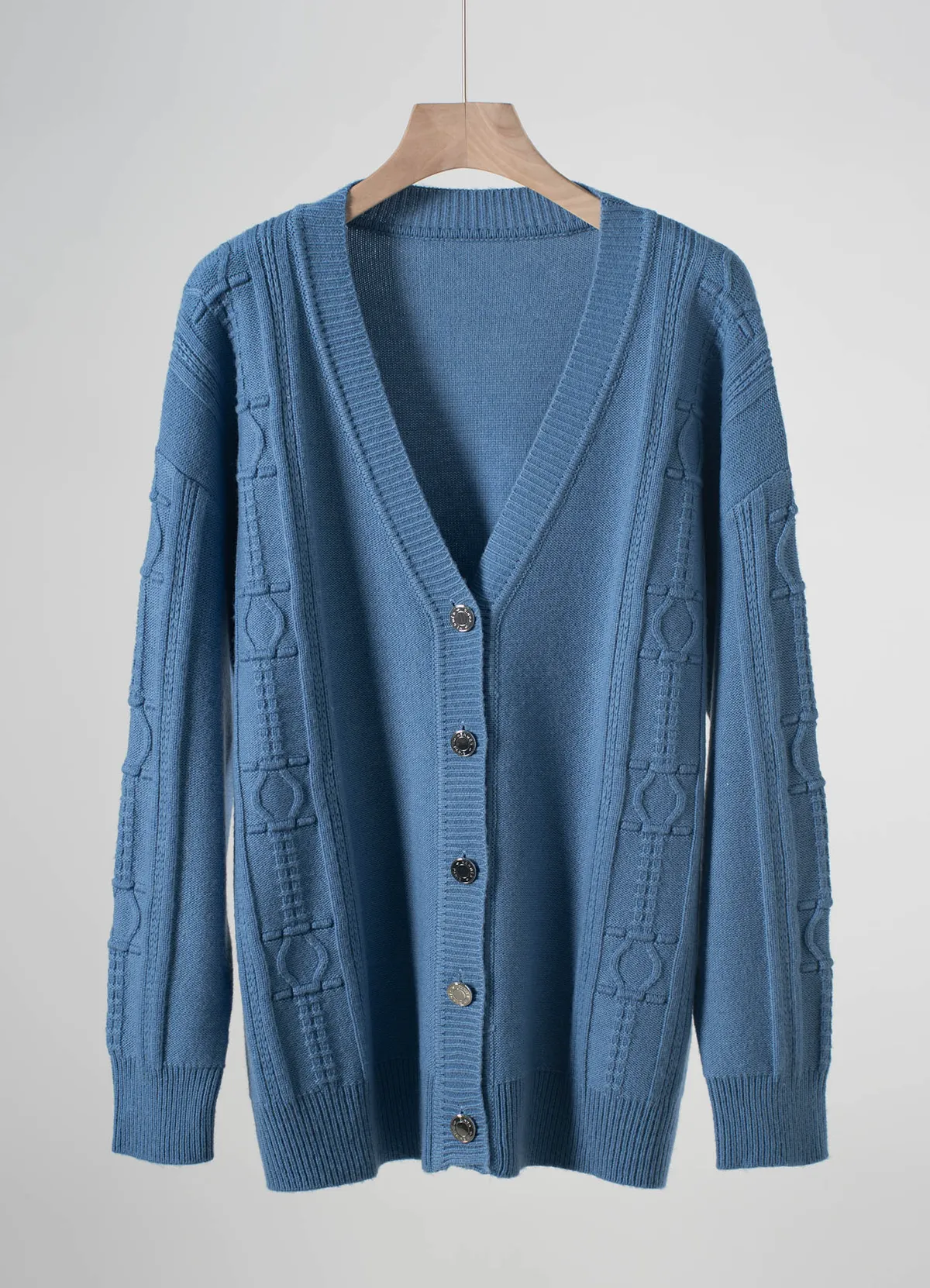 Hermès Ladies V Neck Embossed Jacquard Wool Knit Cardigan Metal Button Sweater Coat - Image 5