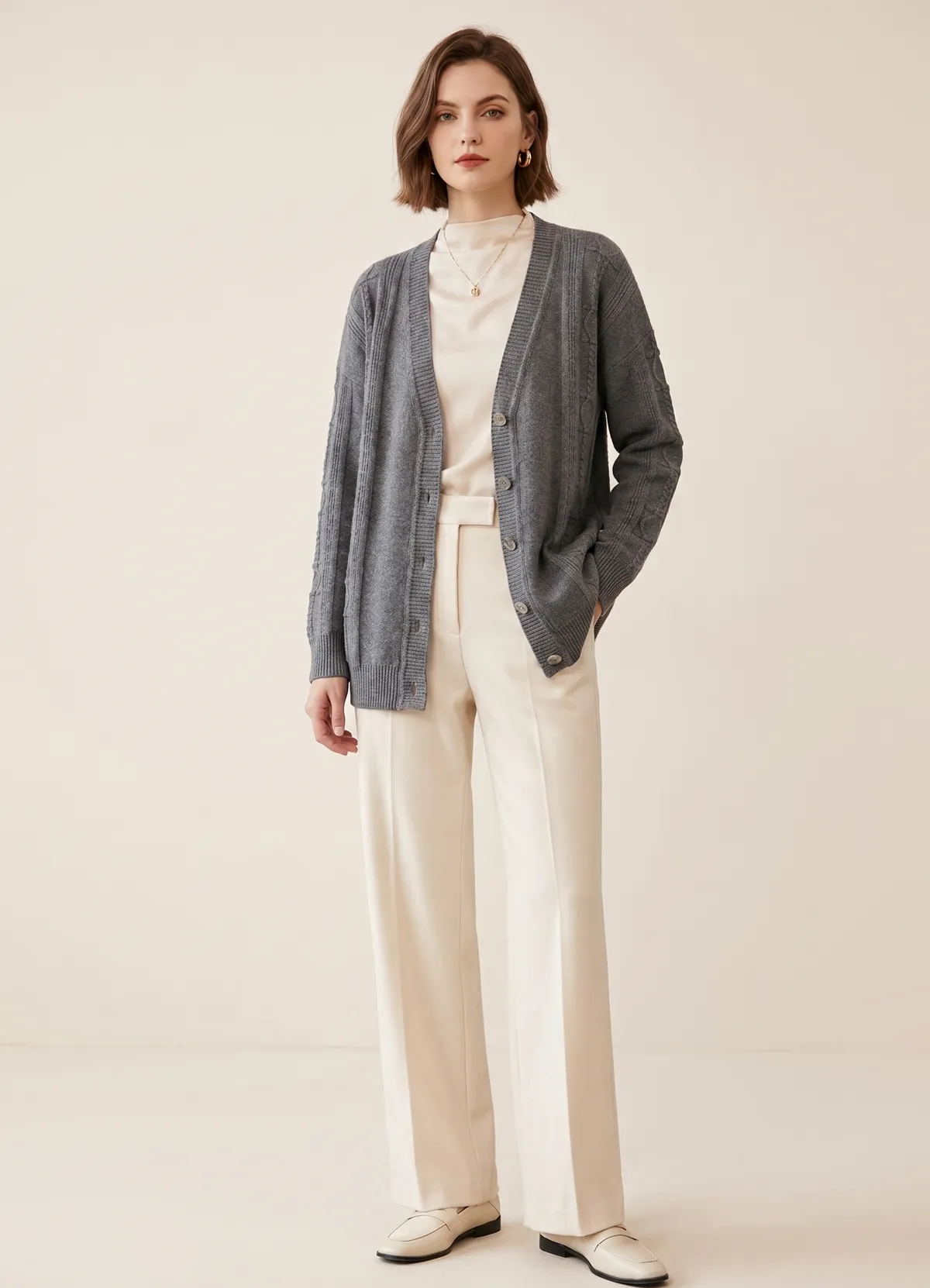 Hermès Ladies V Neck Embossed Jacquard Wool Knit Cardigan Luxury Metal Button Long Sleeve Sweater - Image 2
