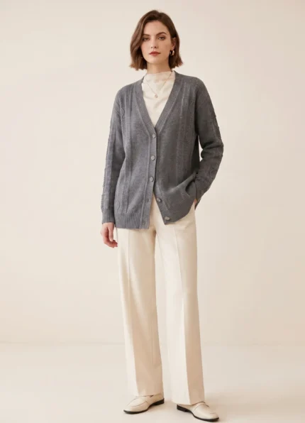 Hermès Ladies V Neck Embossed Jacquard Wool Knit Cardigan Luxury Metal Button Long Sleeve Sweater