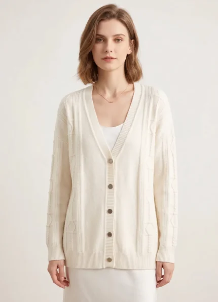 Hermès Ladies V Neck Embossed Jacquard Wool Knit Cardigan Luxury Metal Button Long Sleeve Knit Sweater