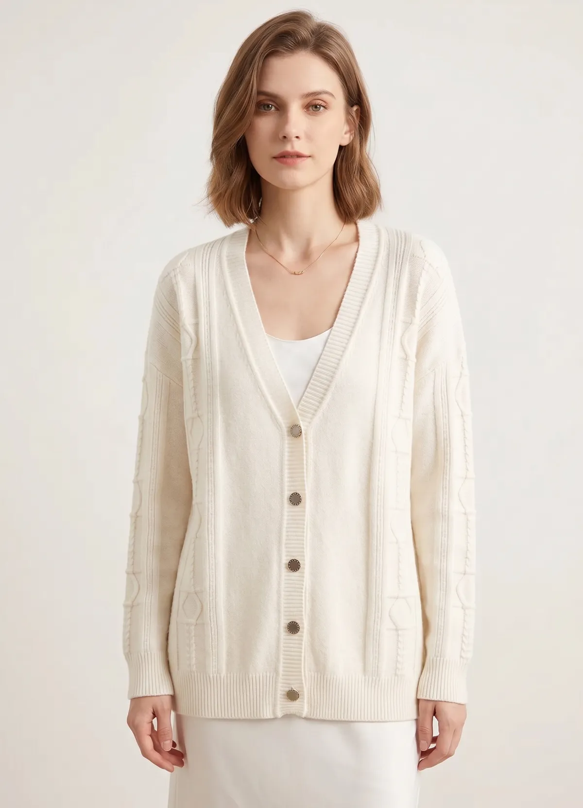 Hermès Ladies V Neck Embossed Jacquard Wool Knit Cardigan Luxury Metal Button Long Sleeve Knit Sweater