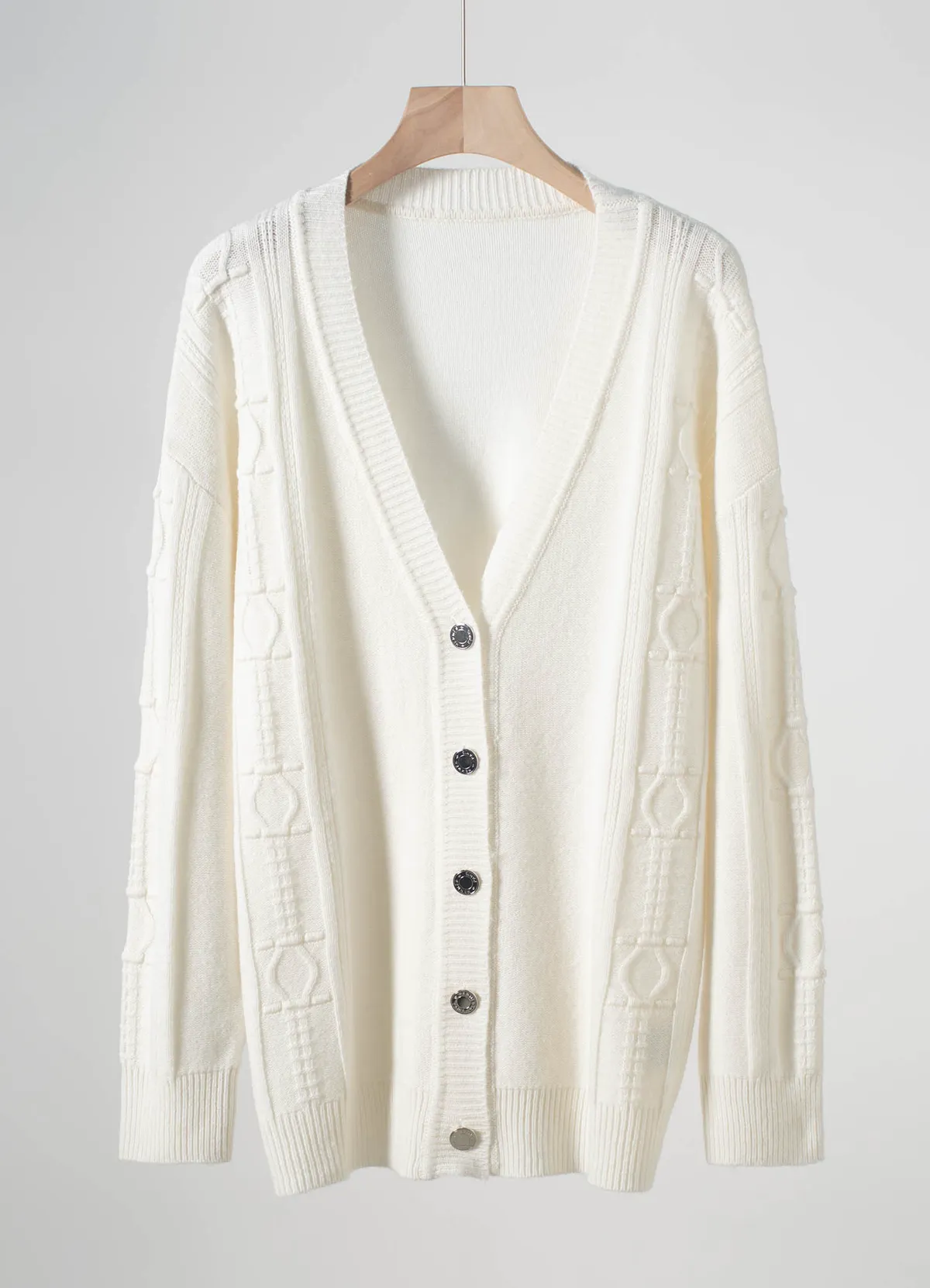 Hermès Ladies V Neck Embossed Jacquard Wool Knit Cardigan Luxury Metal Button Long Sleeve Knit Sweater - Image 2