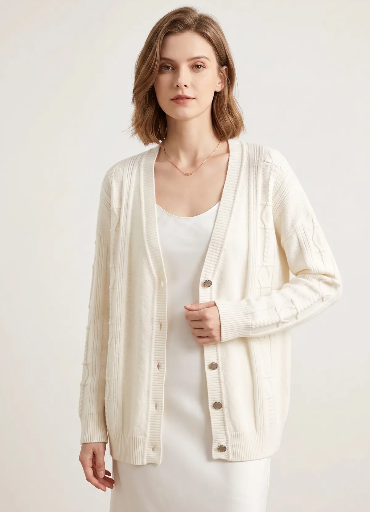 Hermès Ladies V Neck Embossed Jacquard Wool Knit Cardigan Luxury Metal Button Long Sleeve Knit Sweater - Image 3