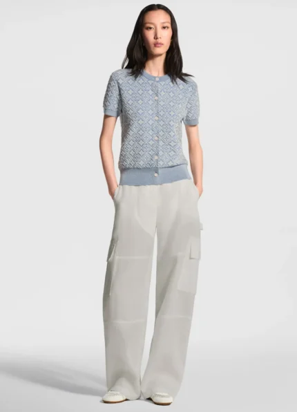 Louis Vuitton Women’s Light Blue White Monogram Diamond Jacquard Crew Neck Short Sleeve Knit Cardigan