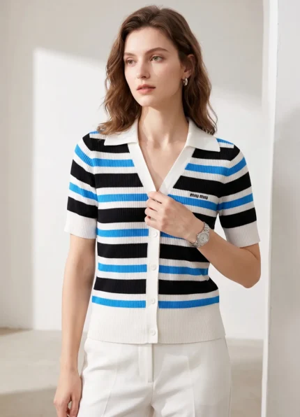 Miu Miu Women’s Blue Black White Stripe Ribbed Polo Collar V Neck Short Sleeve Knit Cardigan with Letter Embroidery