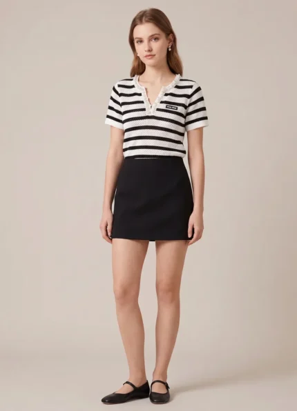 Miu Miu Women’s Black White Striped Hollow Knit V Neck Short Sleeve Top Pearl Beaded Trim Chest Logo Tag