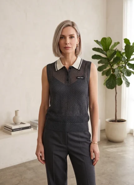 Miu Miu Women’s Dark Grey Hollow Knit Sleeveless Vest Contrast White Striped Polo Collar Label Patch Top