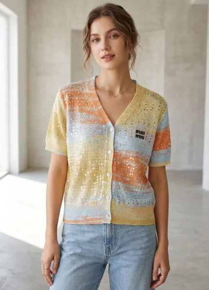 Miu Miu Women’s Gradient Color Stripe Hollow Sequin V Neck Short Sleeve Knit Cardigan Letter Embroidery Top
