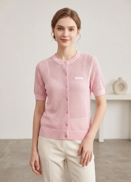 Miu Miu Women’s Light Pink Wool Hollow Knit Crew Neck Short Sleeve Cardigan Letter Embroidery Top