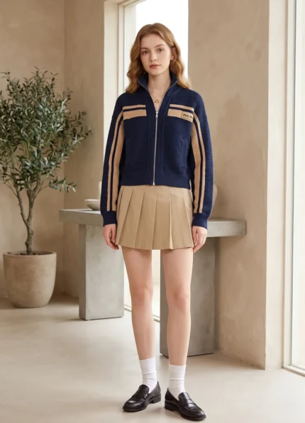 Miu Miu Women’s Navy Color Block Stripe Zip Up Turtleneck Knit Jacket Woven Label Logo