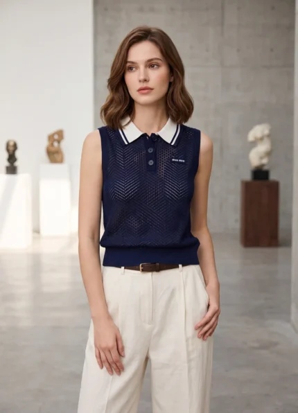 Miu Miu Women’s Navy Hollow Knit Sleeveless Vest Contrast White Striped Polo Collar Letter Embroidery Top