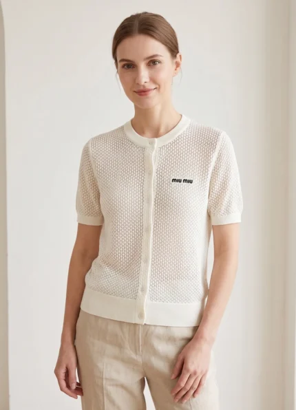 Miu Miu Women’s Cream Wool Hollow Knit Crew Neck Short Sleeve Cardigan Letter Embroidery Top