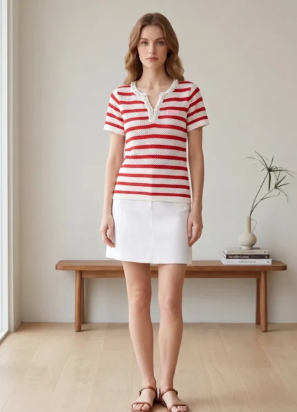 Miu Miu Women’s Red White Striped Hollow Knit V Neck Short Sleeve Top Pearl Beaded Trim Chest Logo Tag