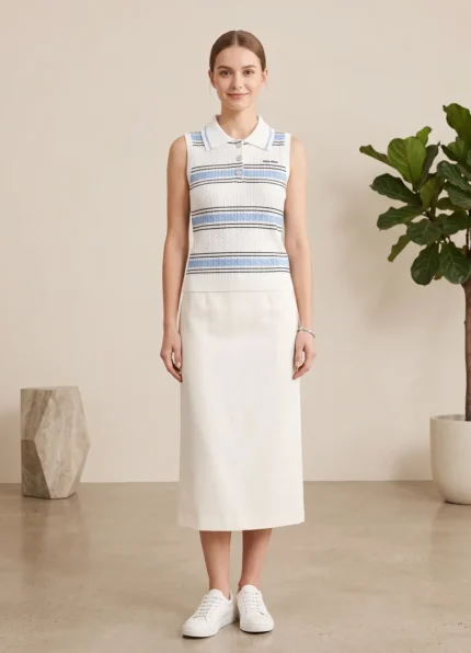 Miu Miu Women’s Blue Contrast Striped Polo Collar Sleeveless Knit Vest Chest Logo Tag Letter Engraved Buttons