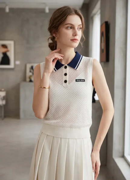 Miu Miu Women’s Cream Hollow Knit Sleeveless Vest Contrast Navy Striped Polo Collar Label Patch Top